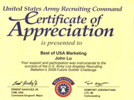Certification of Appreciation Presented to Best of USA Marketing